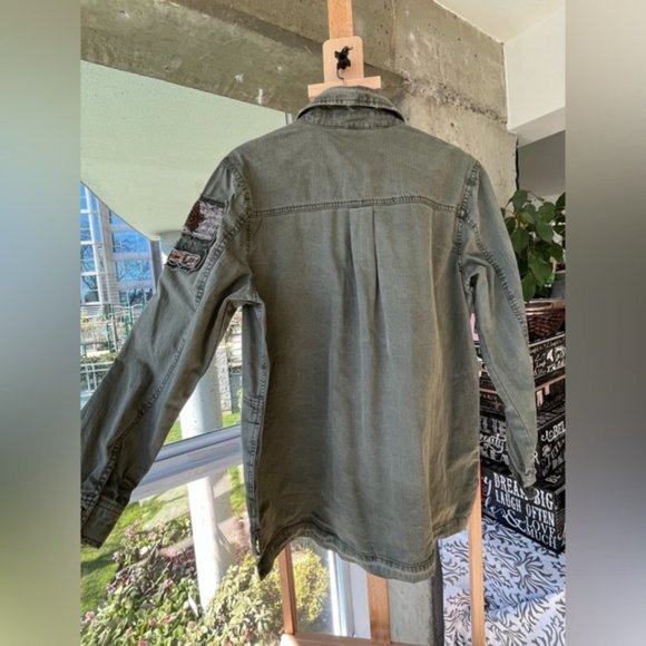 Nanette Lapore army green military style denim jacket with beaded crests - Picture 8 of 11